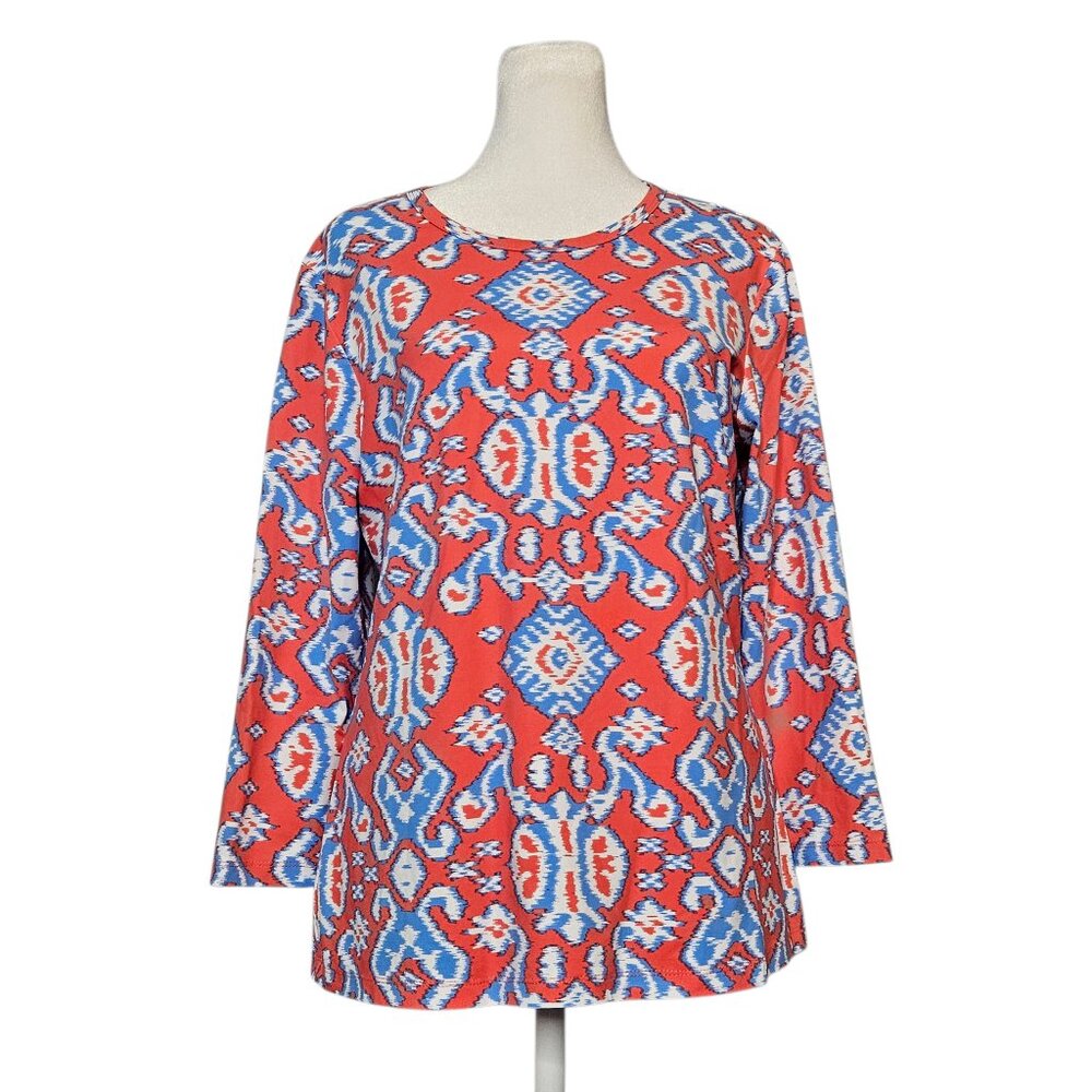 J. McLaughlin Womens Catalina Cloth Top 3/4 Sleeve Geometric SZ Large Coral Blue